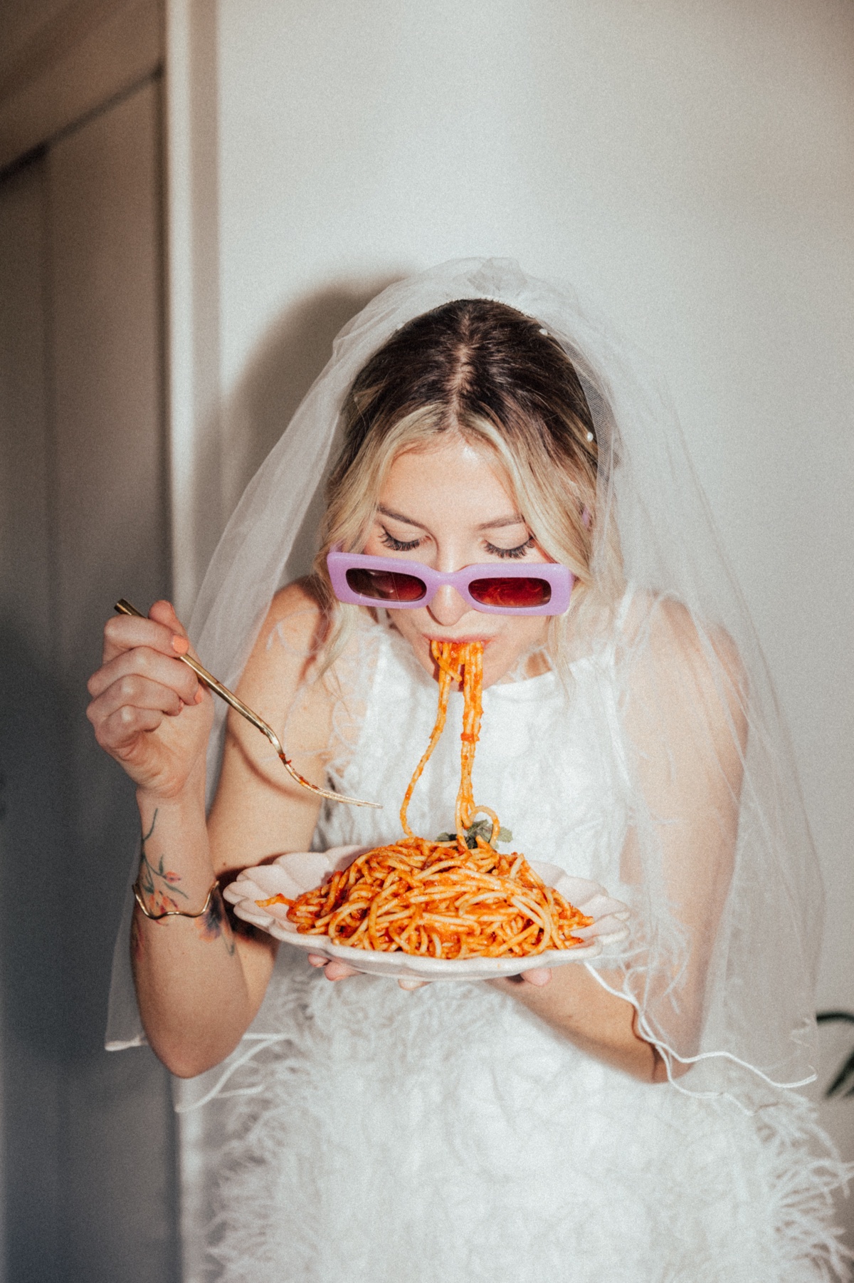 bride eating spaghetti